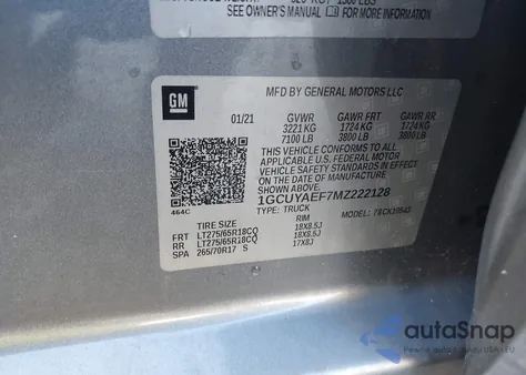 2021 Chevrolet Silverado 1500 4Wd Short Bed Wt z USA, uszkodzony, nr VIN 1GCUYAEF7MZ222128